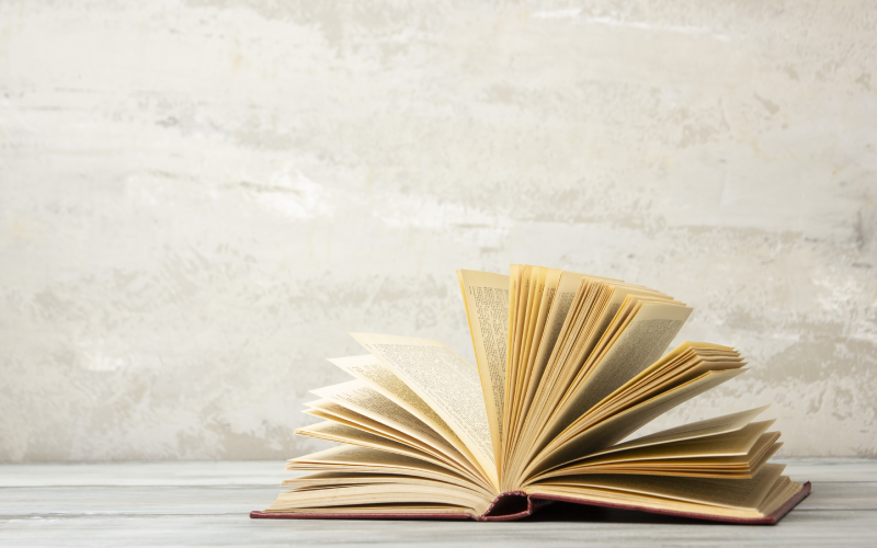 Open book on a table.